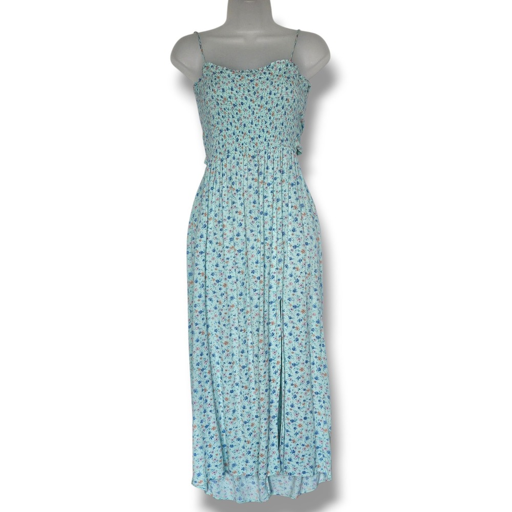 Aeropostale Midi Dress‎ S Mint Green Floral Smocked Tie Back Slit Cottage *Flaw*
